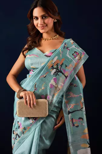 sky blue color jute silk blend fabric designer printed ready to wear saree