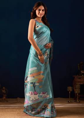 sky blue color jute silk blend fabric designer printed ready to wear saree 4
