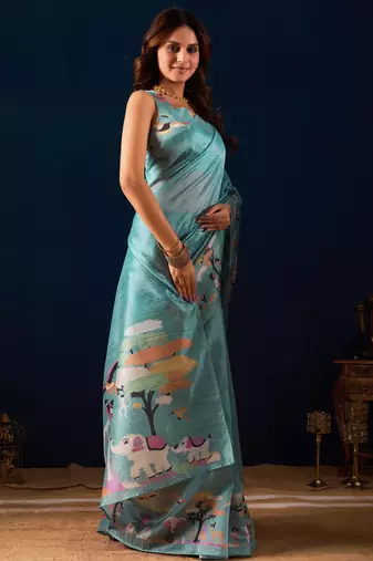 sky blue color jute silk blend fabric designer printed ready to wear saree