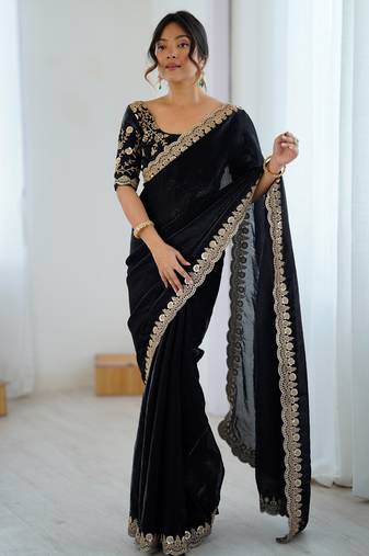 black color fendy satin fabric beautiful sequins work saree