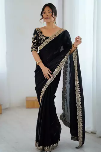 black color fendy satin fabric beautiful sequins work saree