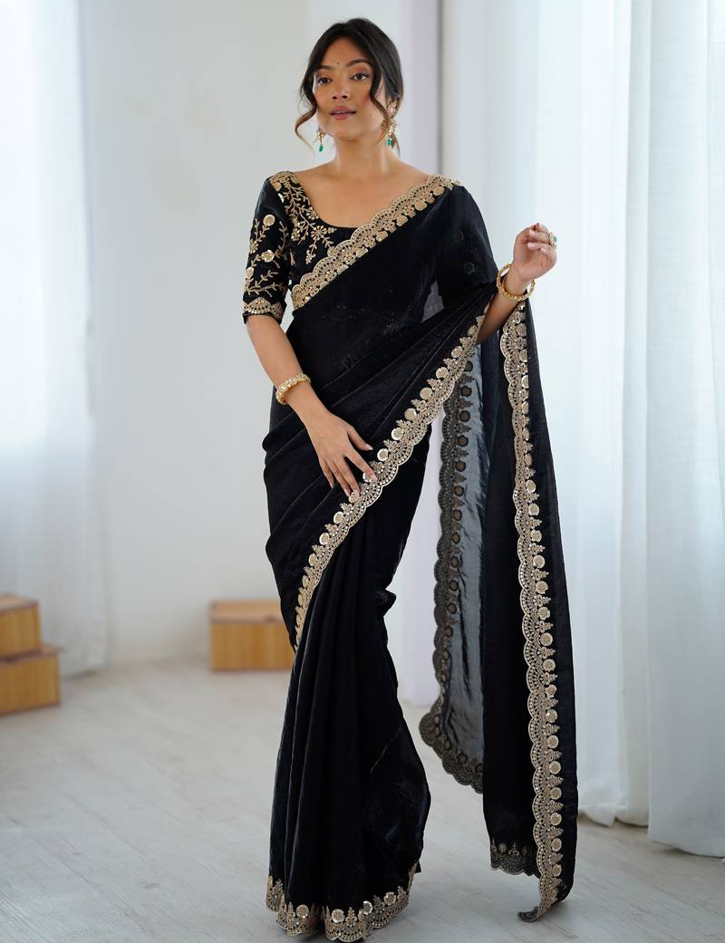 black color fendy satin fabric beautiful sequins work saree