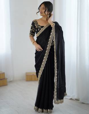 black color fendy satin fabric beautiful sequins work saree 2