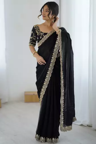black color fendy satin fabric beautiful sequins work saree