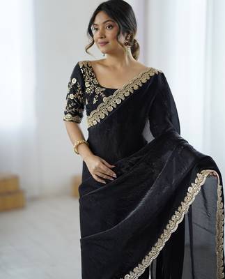 black color fendy satin fabric beautiful sequins work saree 3