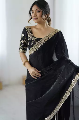 black color fendy satin fabric beautiful sequins work saree