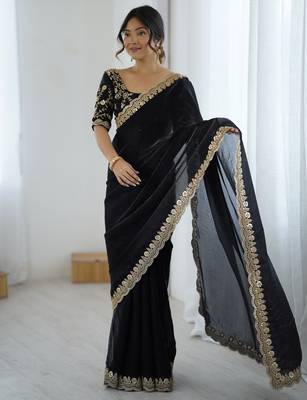 black color fendy satin fabric beautiful sequins work saree 4