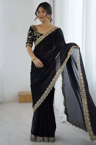 black color fendy satin fabric beautiful sequins work saree