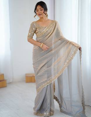 grey color fendy satin fabric beautiful sequins work saree 1