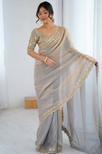 grey color fendy satin fabric beautiful sequins work saree