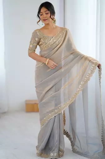 grey color fendy satin fabric beautiful sequins work saree