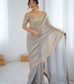 grey color fendy satin fabric beautiful sequins work saree