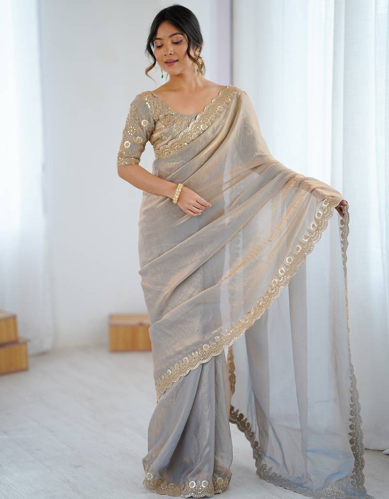 grey color fendy satin fabric beautiful sequins work saree