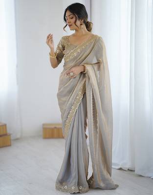 grey color fendy satin fabric beautiful sequins work saree 2