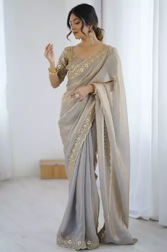 grey color fendy satin fabric beautiful sequins work saree
