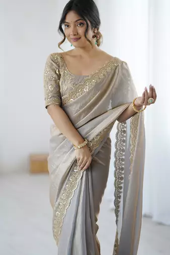 grey color fendy satin fabric beautiful sequins work saree