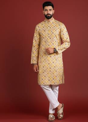 Mustard color beautiful kurta payjama for handsome men's looks 4