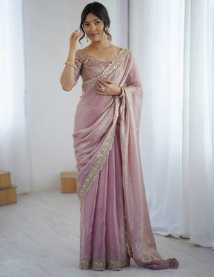 Pink color fendy satin fabric beautiful sequins work saree 1