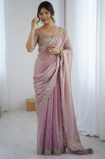 pink color fendy satin fabric beautiful sequins work saree