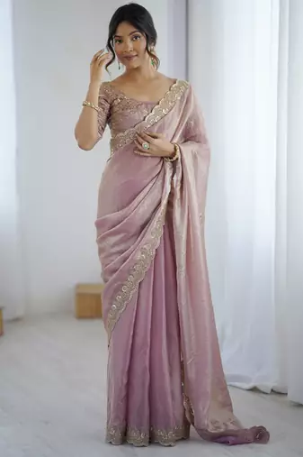 Pink color fendy satin fabric beautiful sequins work saree