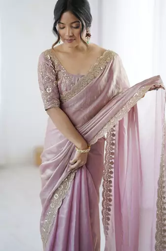 Pink color fendy satin fabric beautiful sequins work saree