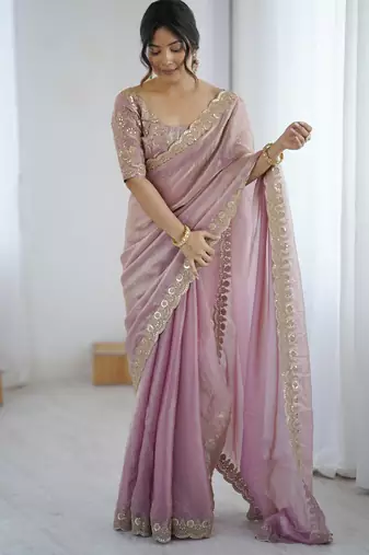 Pink color fendy satin fabric beautiful sequins work saree