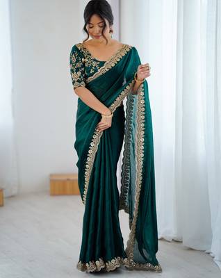 green color fendy satin fabric beautiful sequins work saree 1