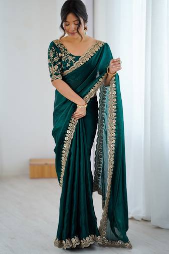 green color fendy satin fabric beautiful sequins work saree