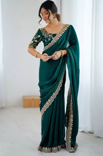 green color fendy satin fabric beautiful sequins work saree