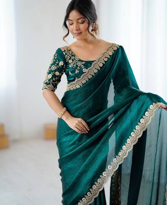 green color fendy satin fabric beautiful sequins work saree 3