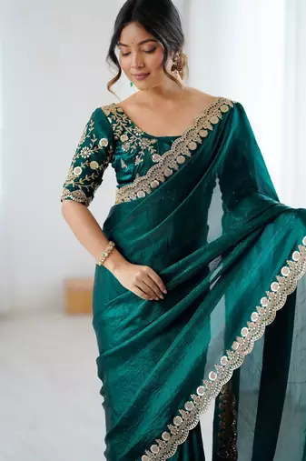 green color fendy satin fabric beautiful sequins work saree
