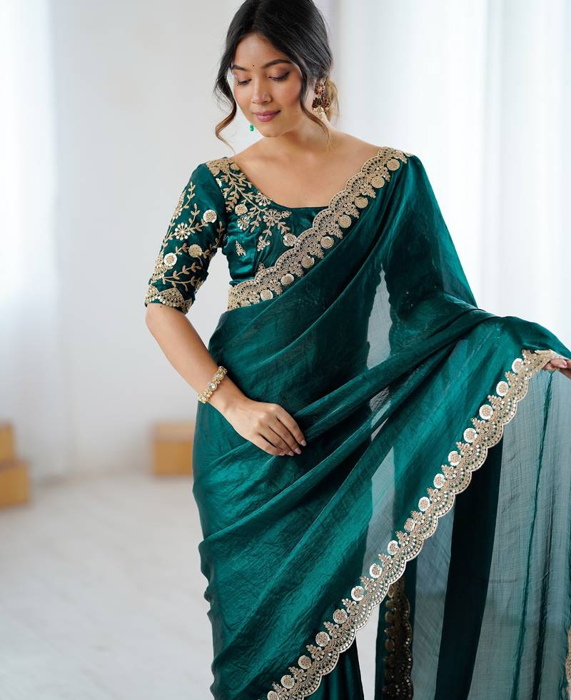 green color fendy satin fabric beautiful sequins work saree
