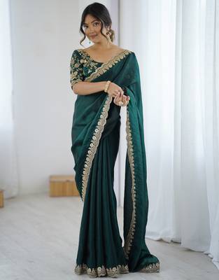 green color fendy satin fabric beautiful sequins work saree 4