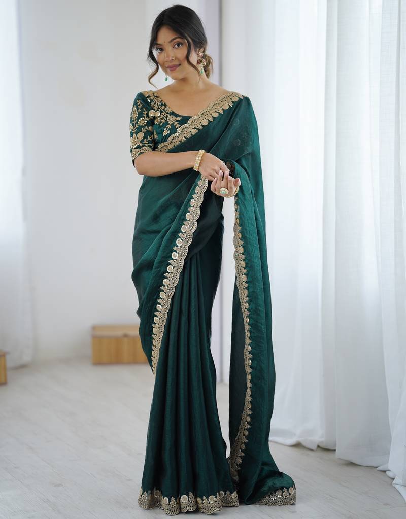 green color fendy satin fabric beautiful sequins work saree