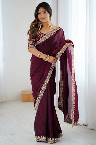 wine color fendy satin fabric beautiful sequins work saree