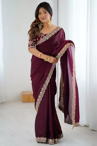 wine color fendy satin fabric beautiful sequins work saree