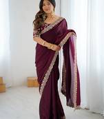 wine color fendy satin fabric beautiful sequins work saree