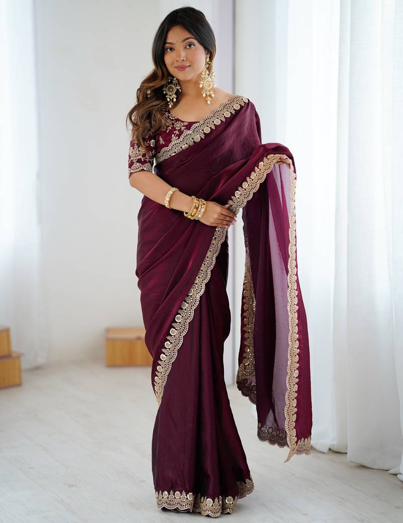 wine color fendy satin fabric beautiful sequins work saree
