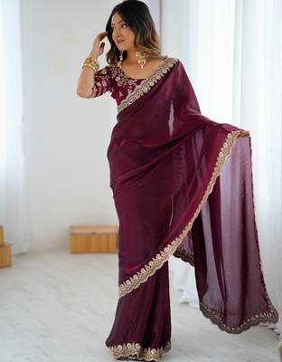wine color fendy satin fabric beautiful sequins work saree 2