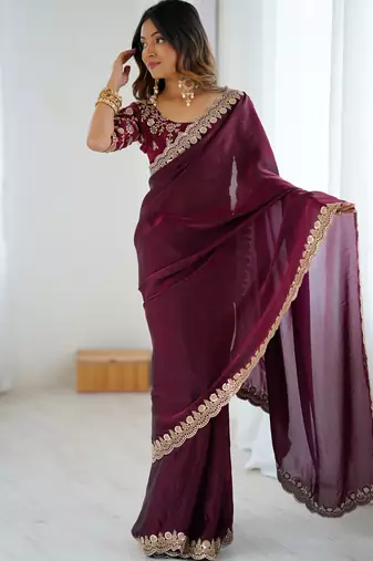 wine color fendy satin fabric beautiful sequins work saree