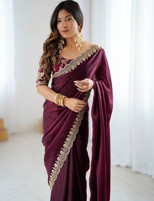 wine color fendy satin fabric beautiful sequins work saree 3