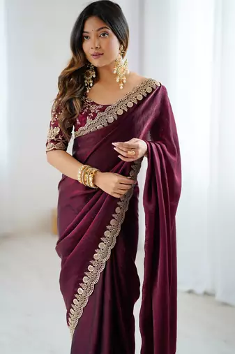 wine color fendy satin fabric beautiful sequins work saree