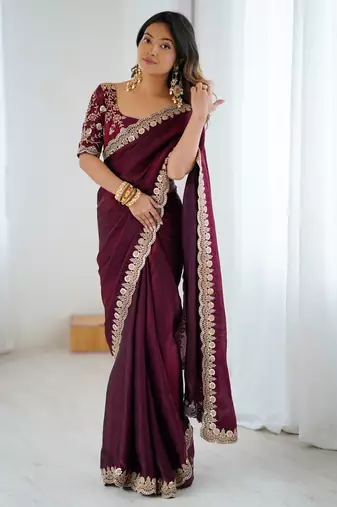 wine color fendy satin fabric beautiful sequins work saree