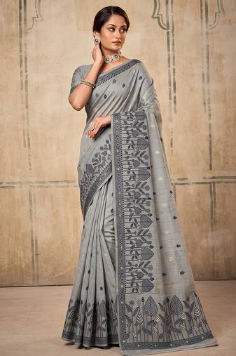 grey color cotton blend fabric woven designer ethnic ceremonial saree