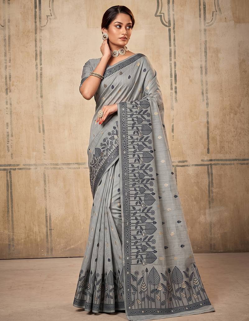 grey color cotton blend fabric woven designer ethnic ceremonial saree