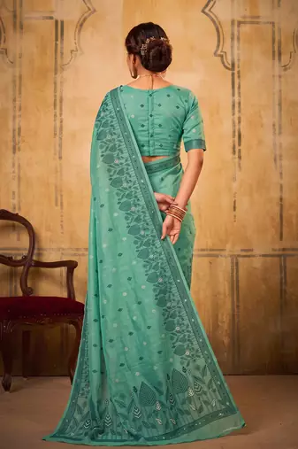 sea green color cotton blend fabric woven designer ethnic ceremonial saree