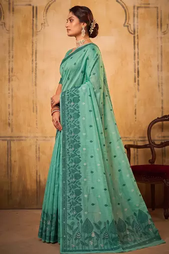 sea green color cotton blend fabric woven designer ethnic ceremonial saree