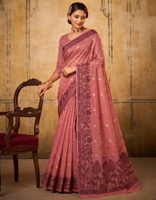 Pink color cotton fabric woven designer ethnic ceremonial saree 1