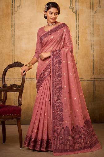pink color cotton blend fabric woven designer ethnic ceremonial saree
