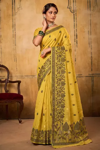 yellow color cotton blend fabric woven designer ethnic ceremonial saree